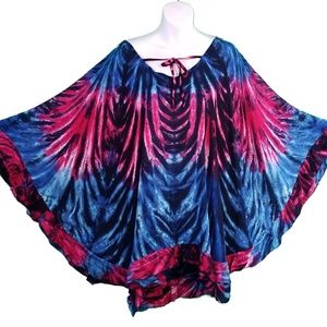 Tie-Dye Ruffled Pull-Over Poncho Top, Red & Blue
